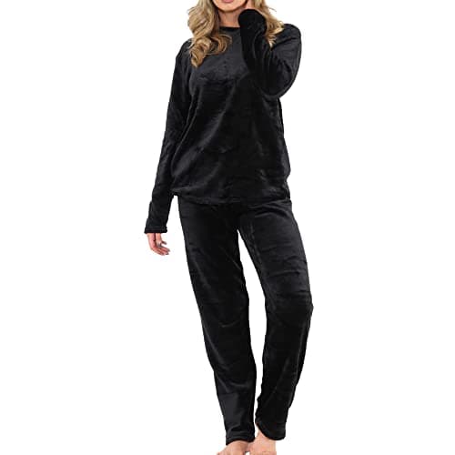 Image of A2Z Womens Pyjamas Soft Warm Fleece Twosie Adults Crew Neck Long Sleeve - PJS 216 Black Ladies 12-14