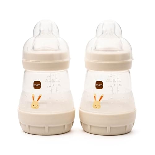 Image of MAM Easy Start Anti-Colic Baby Bottles | 2 Pack (2 x 160ml) | Self-Sterlising Baby Milk Bottle | Slow Flow MAM Teats Size 1 | Newborn Essentials | Shell (Various Designs) | Linen