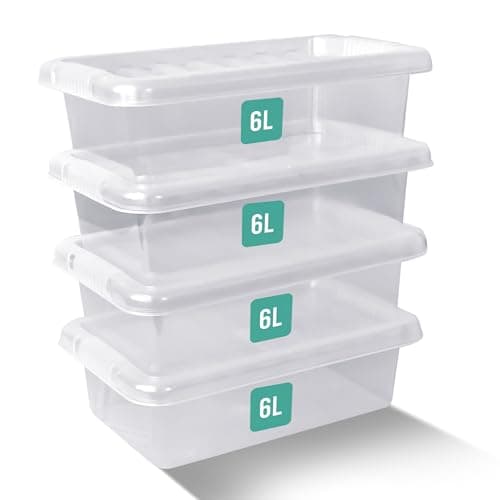 Image of Klass Home Collection 4 x 6 Litre Plastic Storage Boxes With Lids Set of 4, Clear Multipurpose Nestable Stackable Plastic Storage Box With Lid 6L Clear Containers For Home, Kitchen, Garage, Office