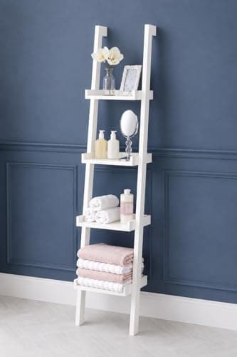 Image of Elegant Brands White Ladder 4 Tier Leaning Bookshelf with Retaining Edges, Slim Scandinavian Storage Unit for Bath, Living Room, Bedroom or Office – Floor Standing with Wall Fixing 180 x 36.5 x 34 cm