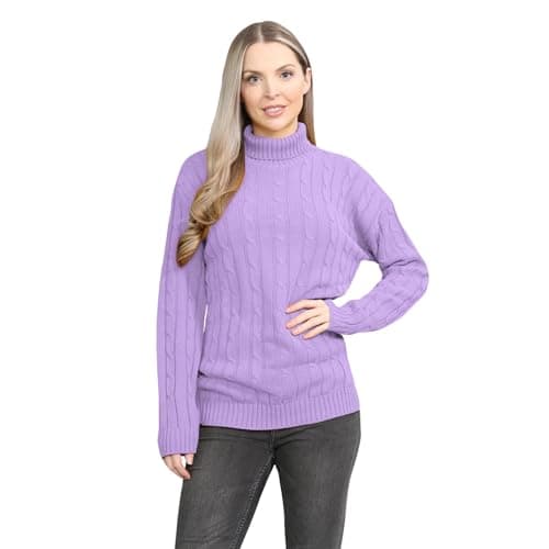 Image of janisramone® Polo High Neck Jumpers for Women UK, Cable Knitted Long Sleeve Ladies Jumpers, Casual Pullover Winter Turtle Neck Tops for Women Size 8-81 Lilac
