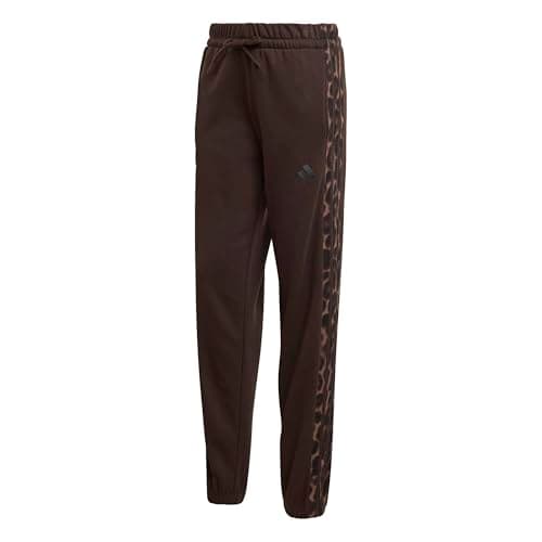 Image of adidas Women's Seasonal Essentials Leopard Print French Terry Pants with 3-Stripes, Aurora Coffee/Multicolor, L
