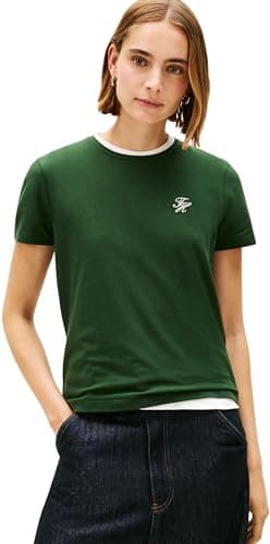 Image of Tommy Hilfiger Women's TH Script REG C-NK SS TEE WW0WW47809 S/S T-Shirt, Green (National Forest), S