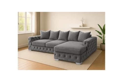 Image of Sofaya Plush Chesterfield Corner Sofa with Left or Right Hand Option - L Shaped Sofa with Deep Tufted Buttons – Chaise Sofa Couch with Scatter Cushions for Living Room (Grey, Right Hand Chaise)