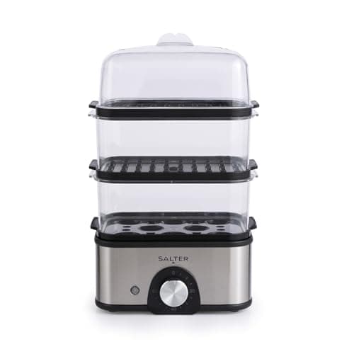 Image of Salter 3-Tier Food Steamer – Compact Multi-Cooker with 3 Steam Baskets, Electric Egg Cooker with 8-Egg Capacity, Vegetable Steamer, 60-Minute Timer, 3L Capacity, Cook Foods Simultaneously, 500W