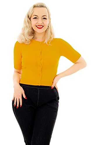 Image of Ro Rox Imogen 1950's Rockabilly Knit Top Vintage Knitted Short Sleeve Cardigan Mustard Yellow