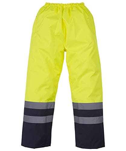 Image of Hi Vis Viz Over Trousers High Visibility Waterproof Safety Work Wear Reflective Tape Stripe Elasticated Waistband 2 Band PU Bottoms Workwear Pants (M, Yellow/Navy)