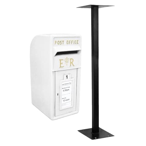 Image of Royal Mail Post Box with Floor Stand ER Cast Iron Wall Mounted Wedding Authentic Pillar Replica Lockable Post Office Letter Box White