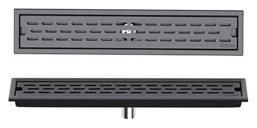 Image of 304 Stainless Steel Rectangle Shower Drain with Removable Cover Grid Grate, Floor Drainer with Hair Strainer for Kitchen Washroom Garage and Basement, Black(80cm/31'')