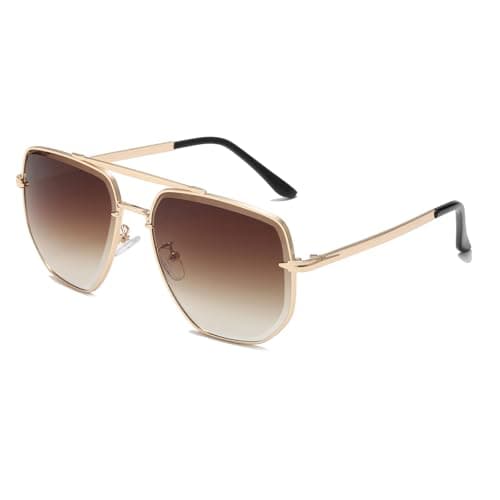 Image of Long Keeper Pilot Sunglasses Mens Womens Oversized Retro Avaiton Sunglasses Gold Frame Mirror & Transparent Lens Driving Sun Glasses Vintage Shades Anti UV400 (Gold Frame - Gradient Brown Lens)