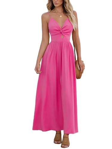 Image of CUPSHE Women's Maxi Casual Dress V Neck Sleeveless Twisted Tie Back Paisley Floral Print Summer Long Party Cocktail A-line Dress Hot Pink S