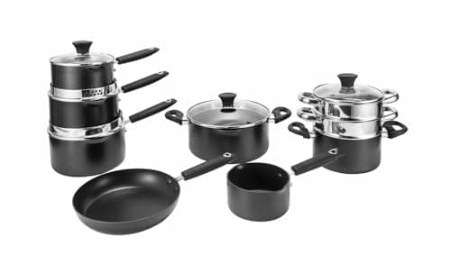 Image of 9 Piece Aluminium Pan Set Black – Non Stick Cookware Set with Saucepan, Frying Pan, Milk Pan, Steamer & Casserole Pots, Induction & Dishwasher Safe