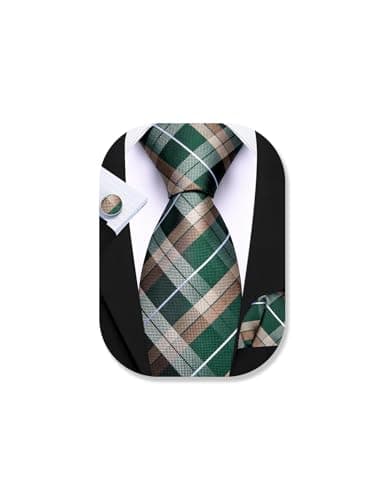 Image of Barry.Wang Mens Green Brown Tie Silk Tartan Necktie Pocket Square Cufflinks Set Wedding Business