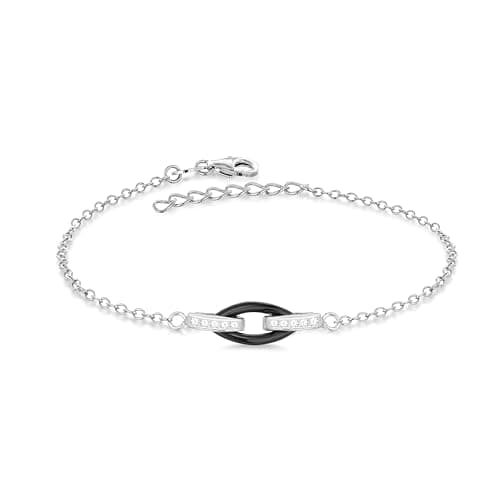 Image of Tuscany Silver Women's Sterling Silver Rhodium Plated Oval Black Ceramic and Cubic Zirconia Link Adjustable Bracelet of 15.25 cm/6 Inch - 18 cm/7 Inch