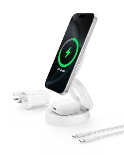 Image of Belkin 2-in-1 Convertible Wireless Charging Station, Wireless Portable Charger 15W, MagSafe-Compatible Qi2 Charger for iPhone 17, Air, AirPods with Weighted Non-Slip Base, 30W Charger Included - White