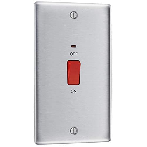 Image of BG Electrical Large Cooker Control Switch Unit with LED Power Indicator, Double Plate, Double Pole, Raised Profile, Round Edges, Nexus Metal, Brushed Steel, 45A, NBS72
