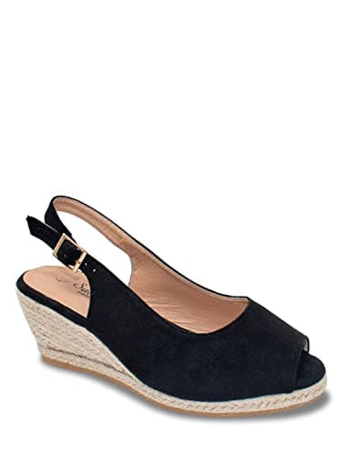 Image of Chums Ladies Wide Fit Espadrille Sandal Mock Suede with Padded Sole, Adjustable Buckle & Medium Wedge Black 6