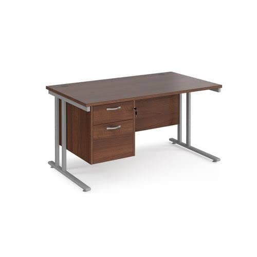 Image of Office Monster Cooper straight desk 1400mm x 800mm with 2 drawer pedestal - silver cantilever leg frame, walnut top