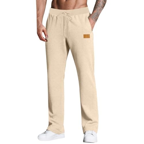 Image of Tracksuit Bottoms Men Straight Leg Jogging Bottoms Open Hem Loose Fit Sweatpants Lightweigt Training Gym Trousers Comfortable Baggy Joggers Elasticated Casual Trousers with Pockets Drawstring Beige