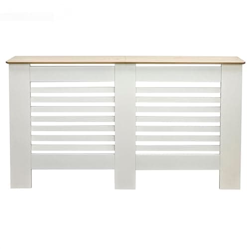 Image of OHS Large Cream Radiator Cover with Oak Look Top, Stylish Slatted Design Frame Top Shelf Wooden Radiator Cover MDF for Living Room Bedroom Hallway