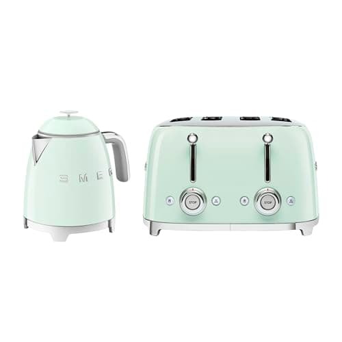 Image of Smeg 50’s Style Retro Range Breakfast Set, 0.8L 1400W Mini Kettle and Multi-Functional Control 4-Slice 2000W Toaster, Pastel Green, KLF05PGUK/ TSF03PGUK