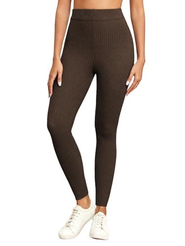 Image of Famulily Ladies Ribbed Knit Leggings High-Waisted Slim Warm Tights for Women's Autumn Winter (XL, Brown)