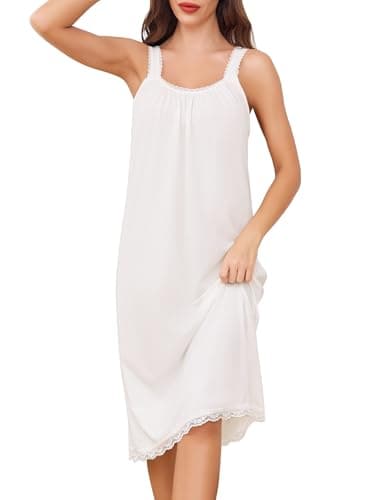Image of Vlazom Nighties for Women Sleeveless Cotton Nightgown Elegant Lace Trim Nightdress Sleep Shirt Sleepwear White,3XL