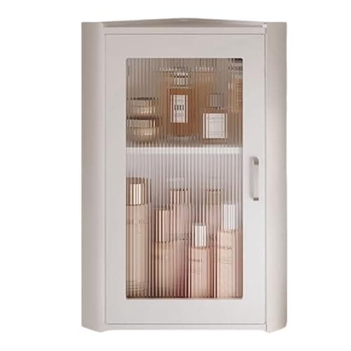 Image of Triangle Corner Cupboard with Reeded Glass Doors - Space-Saving Wall-Mounted Corner Storage Unit with Adjustable Shelves for Bathroom, Kitchen, Utility Room