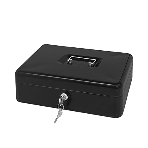 Image of Steel Cash Box with Key Lock, Metal Small Money Organizer with Money Tray,Cash Storage Box with Lockable Cover (Black-30 * 24 * 9 CM)