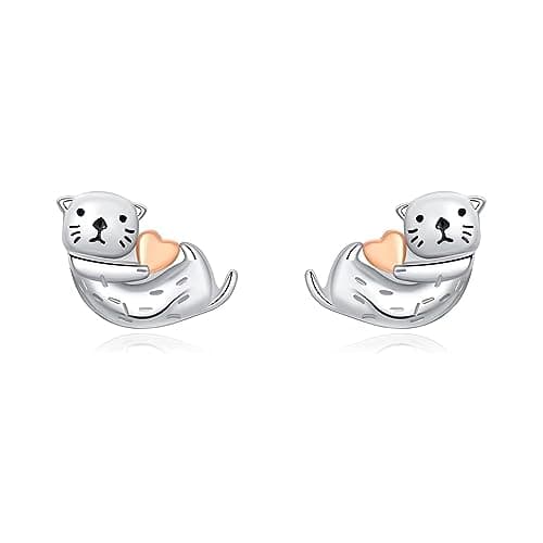 Image of Sea Otter Stud Earrings 925 Sterling Silver Post Pin Tiny Cute Animal Promise Love Heart Statement for Women Girls Small Cartilage Piercing Jewelry Delicate Lovely Gifts Daughter Niece Birthday
