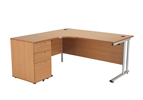 Image of Office Hippo Heavy Duty Left Corner Radial Desk With 3 Drawer High Storage, Home Office PC Desk, Silver MFC - Beech Frame, 160cm x 160.4cm