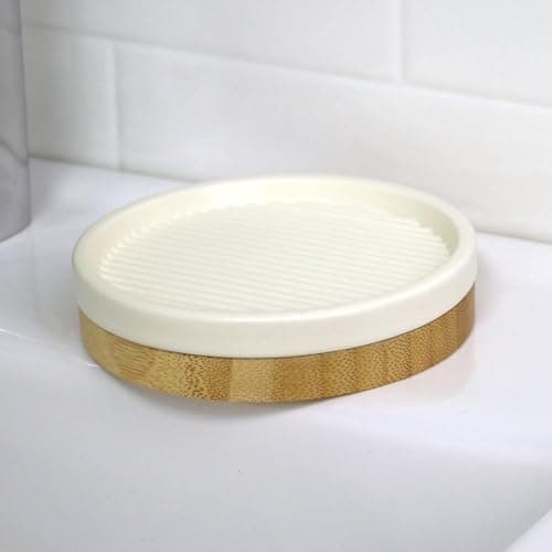 Image of Showerdrape Bondi Modern Design 4 Piece Ceramic & Bamboo Bathroom Accessory Set (Soap Dish)