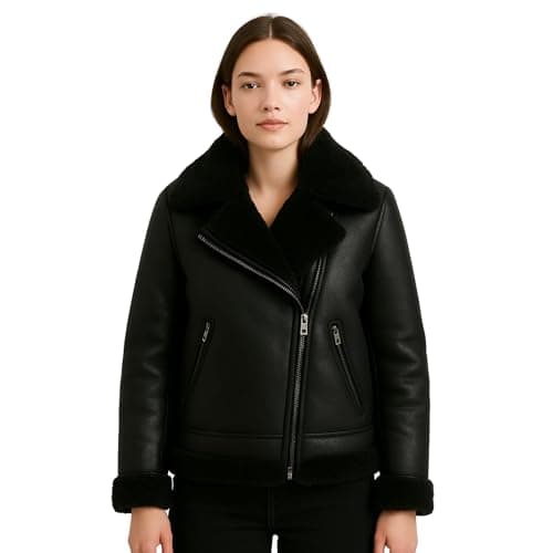 Image of TRESSANO Women’s Black Shearling Leather Bomber Jacket – Real Lambskin with Full Faux Fur Collar & Lining Warm Winter Coat, Black, M