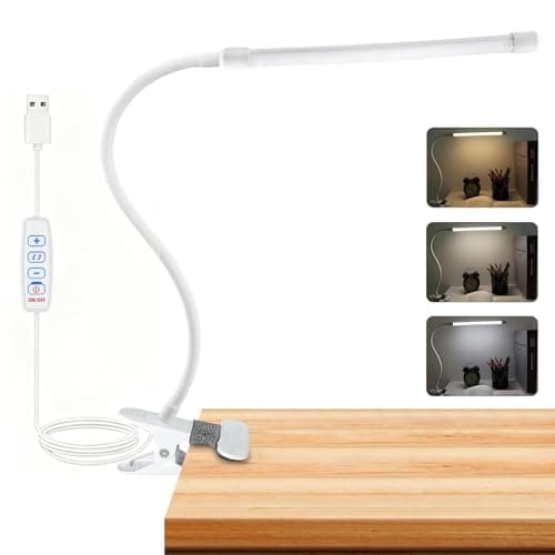Image of Akynite 8W Clip on LED Desk Light, Flexible Gooseneck USB Lamp Bed Lamp, 3 Colours & 10 Brightness, Dimmable Bedside Reading Lamp, Desk Clip Light for Nail Sewing Craft Work, White