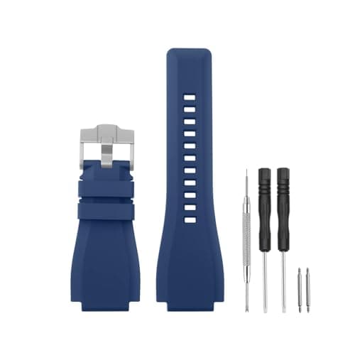 Image of HANYTON Compatible with Bell & Ross Watch Bands, 24mm Soft Rubber Silicone Replacement Wrist Strap for Bell Ross Watch Series BR01 BR03, Black, Blue / Silver Buckle, 24mm