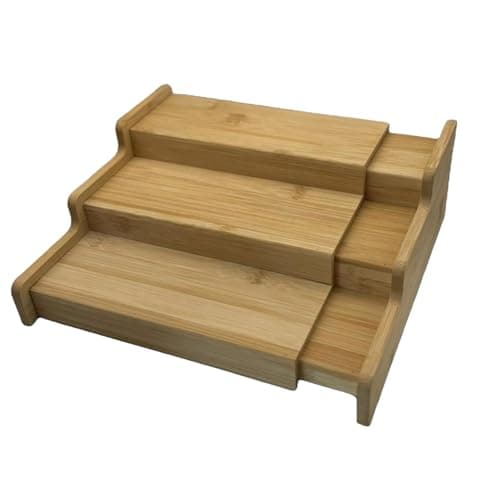 Image of MAGNA RETAIL Bamboo Spice Rack Organiser | Tiered Extending Spice Organiser | Kitchen Storage Rack | Seasoning and Small Jars Kitchen Countertop Organizer | Extendable Shelf (3-Tier)