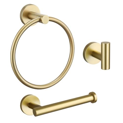 Image of TURS Bathroom Hardware Accessories Set,Towel Hook Toilet Roll Holder Towel Ring, Wall Mounted Toilet Paper Holder, 3 Pieces Classic Stainless Steel Bath Accessory Hooks, Brushed Gold