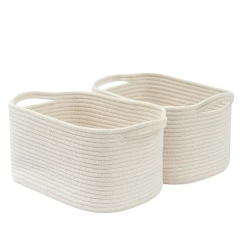 Image of Woodluv Woven Storage Basket of 2, Cotton Rope Basket for Shelves, Baskets Storage for Toys, Books, Shoes, Home Bathroom Décor, 33x23x20cm, White