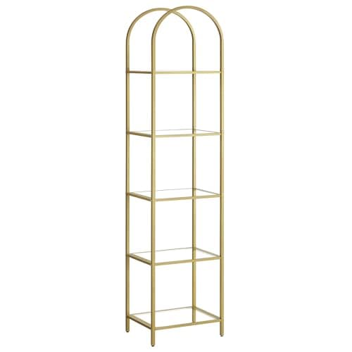Image of VASAGLE 5-Tier Shelf, Tempered Glass Shelving Unit, Arched Design, Steel Structure, for Living Room Bedroom Study Bathroom, Metallic Gold and Transparent LGT501A01