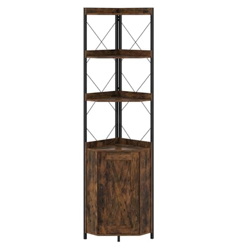 Image of SFAREST 6-Tier Corner Bookcase, Wooden Display Storage Cabinet with Door Cabinet, Anti-tipping Device, Home Office Shelving Organizer Unit for Living Room Bedroom Bathroom (Rustic Brown)
