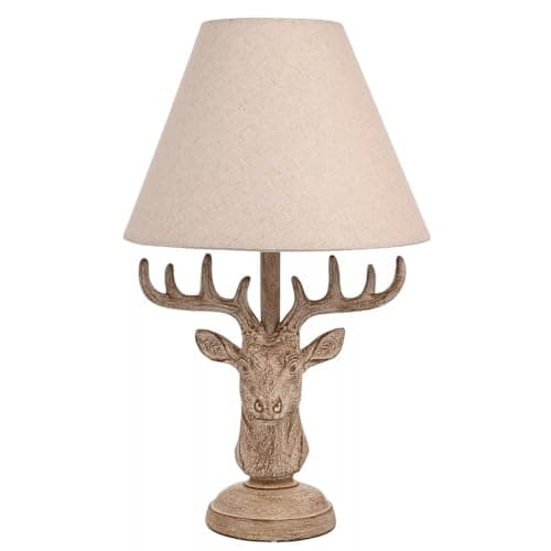 Image of Britalia Stag Head Table Lamp, Wood Effect, Rustic Brown, Linen Shade, E27 Base, 46x26cm, 1.35kg