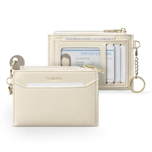 Image of Vulkitty Slim Card Holder for Womem with Keychain and ID Window, Minimalist Wallet RFID Protected for Cards, Bills, Keys and Coins, Beige