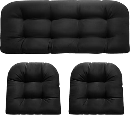 Image of 3 Pieces Replacement Garden Chair Cushion Set for Rattan Chair, All Weather Waterproof Wicker Bench Cushions Thickened Garden Outdoor Furniture Cushions 1 Loveseat & 2 U-Shaped Rattan Cushions, Black