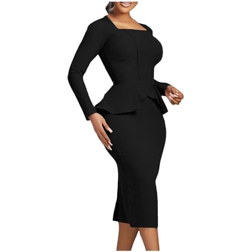 Image of Zeiayuas Elegant Dresses for Women UK Square Neck Ruffle Midi Dress Long Sleeve Work Office Formal Bodycon Dress Ladies Plain Wrapped Pencil Dress Black