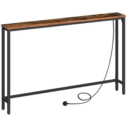 Image of HOOBRO Console Table with Charging Station, 120 cm Slim Console Table for Hallway, Behind Sofa Table, for Entryway, Living Room, Small Spaces, Metal Frame, Rustic Brown and Black EBF15KXG01G1