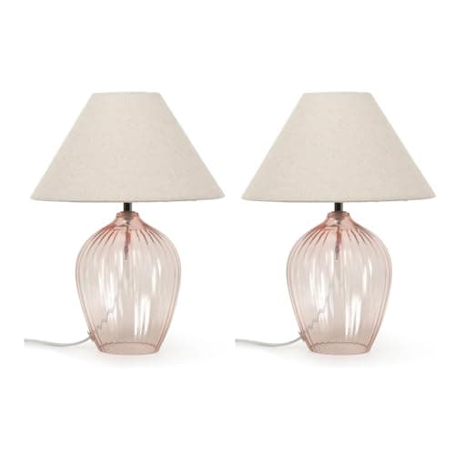 Image of ValueLights | Blush Pink Glass Base Table Lamp with Fabric Tapered Lampshade | Home Décor, Bedside & Desk Lamp | Set of 2 | Includes Bulb [3000K Warm White]