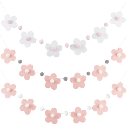 Image of CRASPIRE 3 Set Felt Flower Wall Decor Daisy Banner Garland Pink White Boho Spring Floral Round Ball Party Decoration Hanging Banners with Cotton Treads and Needles for Birthday Indoor Outdoor Supplies