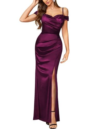 Image of MIUSOL Women's Elegant Off-Shoulder High Split Satin Wedding Cocktail Party Ceremony Maxi Dress (X-Large, Maroon)