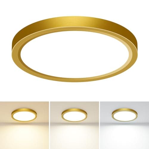 Image of slochi Bathroom Light, 3000K/4000K/6500K 3 Color Temperature, Waterproof IP44, Small, Round, Modern, Flush Ceiling Light for Bathroom, Kitchen, Bedroom, HallwayØ18CM(Gold)