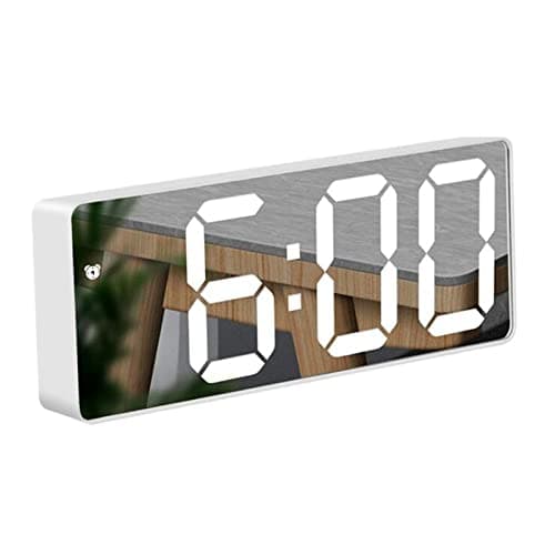 Image of RMFC LED Digital Mirror Alarm Clock with Temperature & Date Calendar for Bedside, Bedroom, Office, Snooze, Adjustable Brightness, Voice Control Night Mode (White)